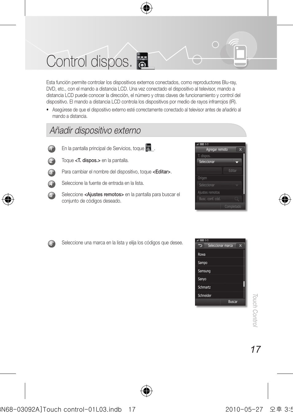Control dispos, Añadir dispositivo externo, Touch control | Samsung UN46C9000ZFXZA User Manual | Page 41 / 74