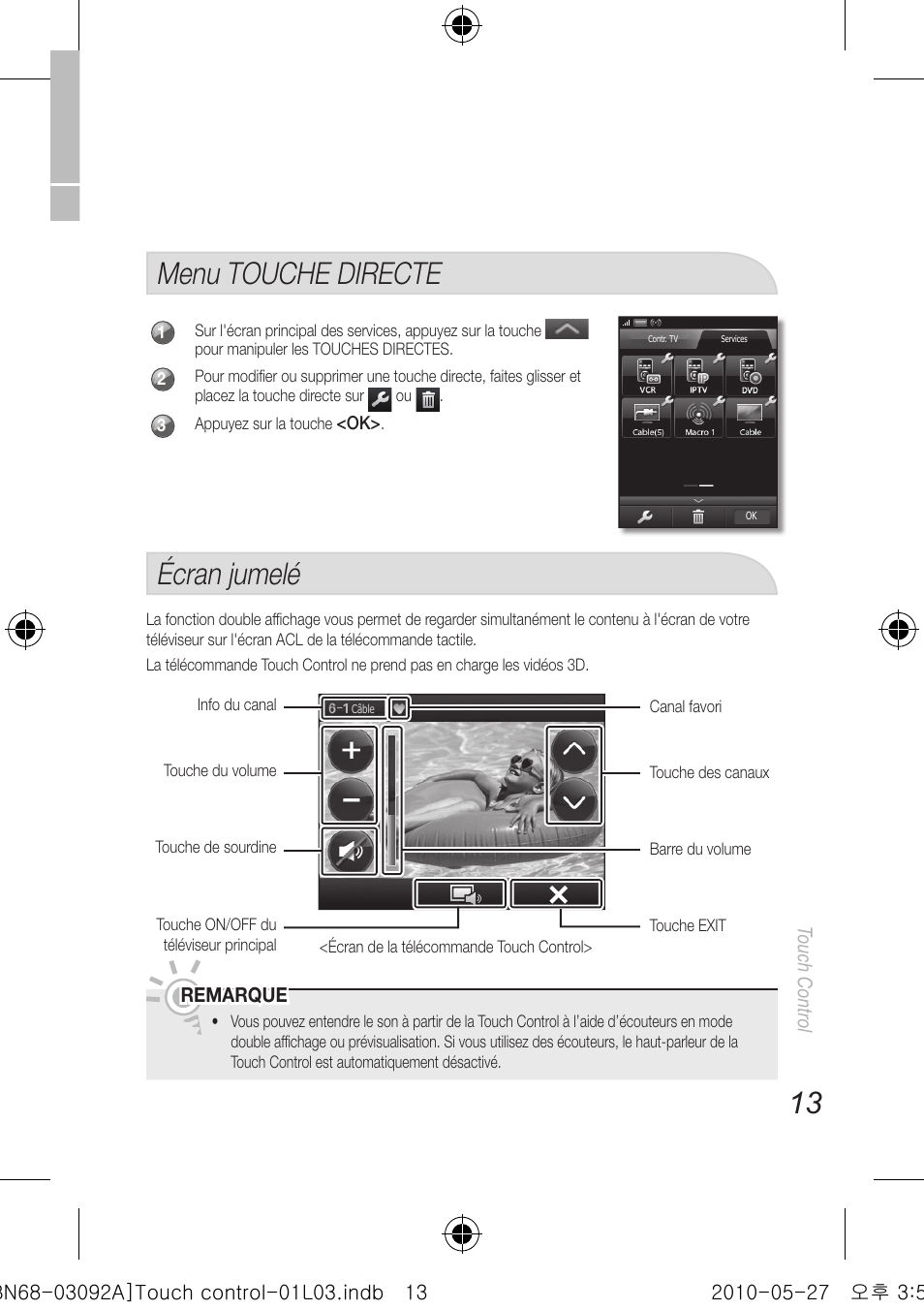 Menu touche directe, Écran jumelé | Samsung UN46C9000ZFXZA User Manual | Page 61 / 74