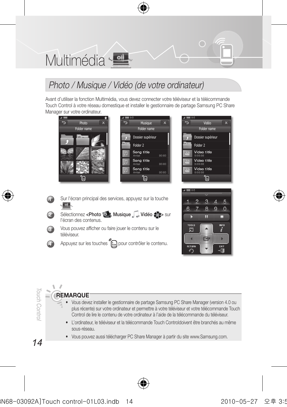 Multimédia, Photo / musique / vidéo (de votre ordinateur) | Samsung UN46C9000ZFXZA User Manual | Page 62 / 74