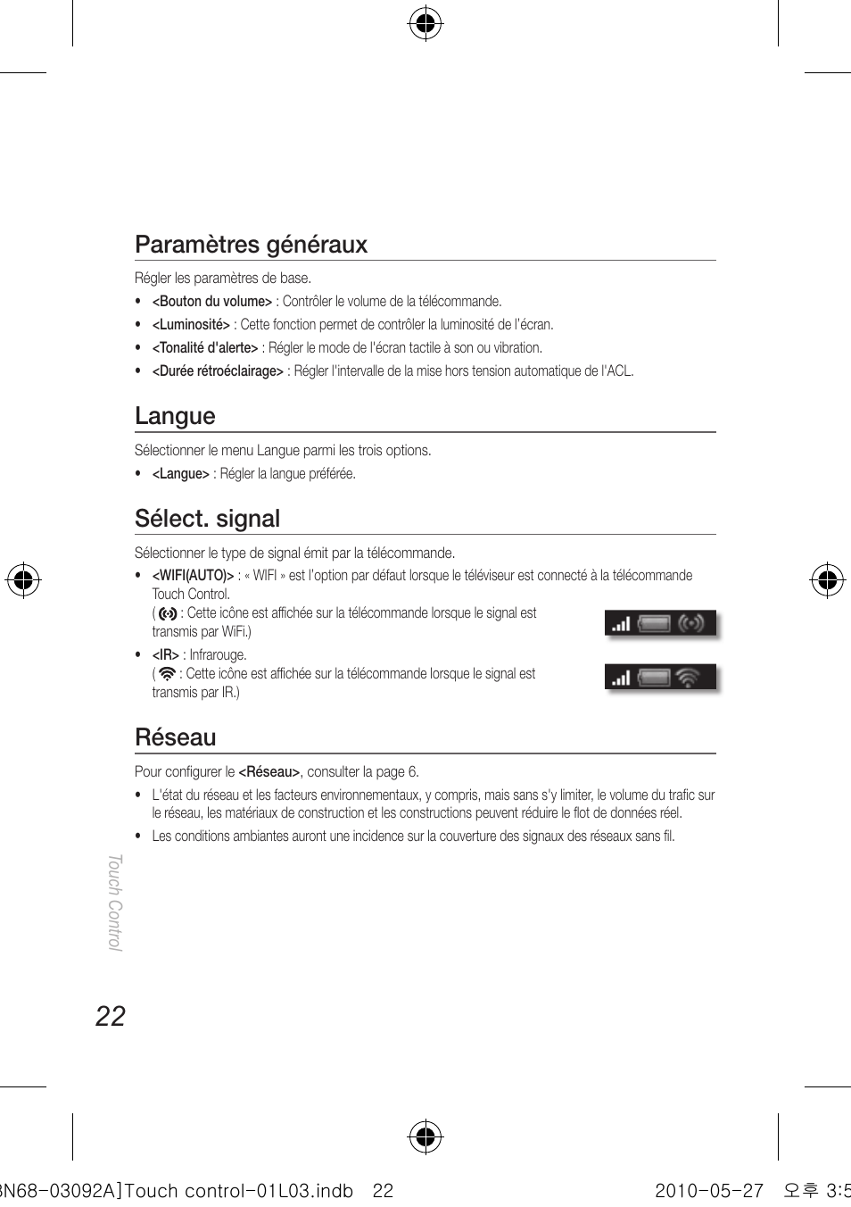Paramètres généraux, Langue, Sélect. signal | Réseau | Samsung UN46C9000ZFXZA User Manual | Page 70 / 74
