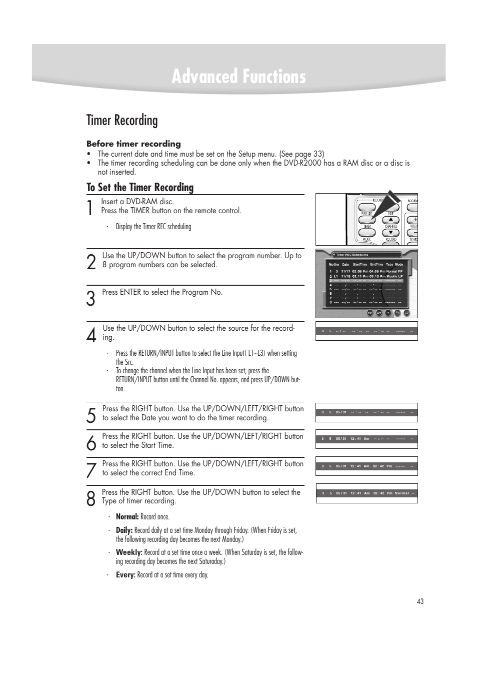 Advanced functions, Timer recording | Samsung DVD-R2000 User Manual | Page 43 / 65