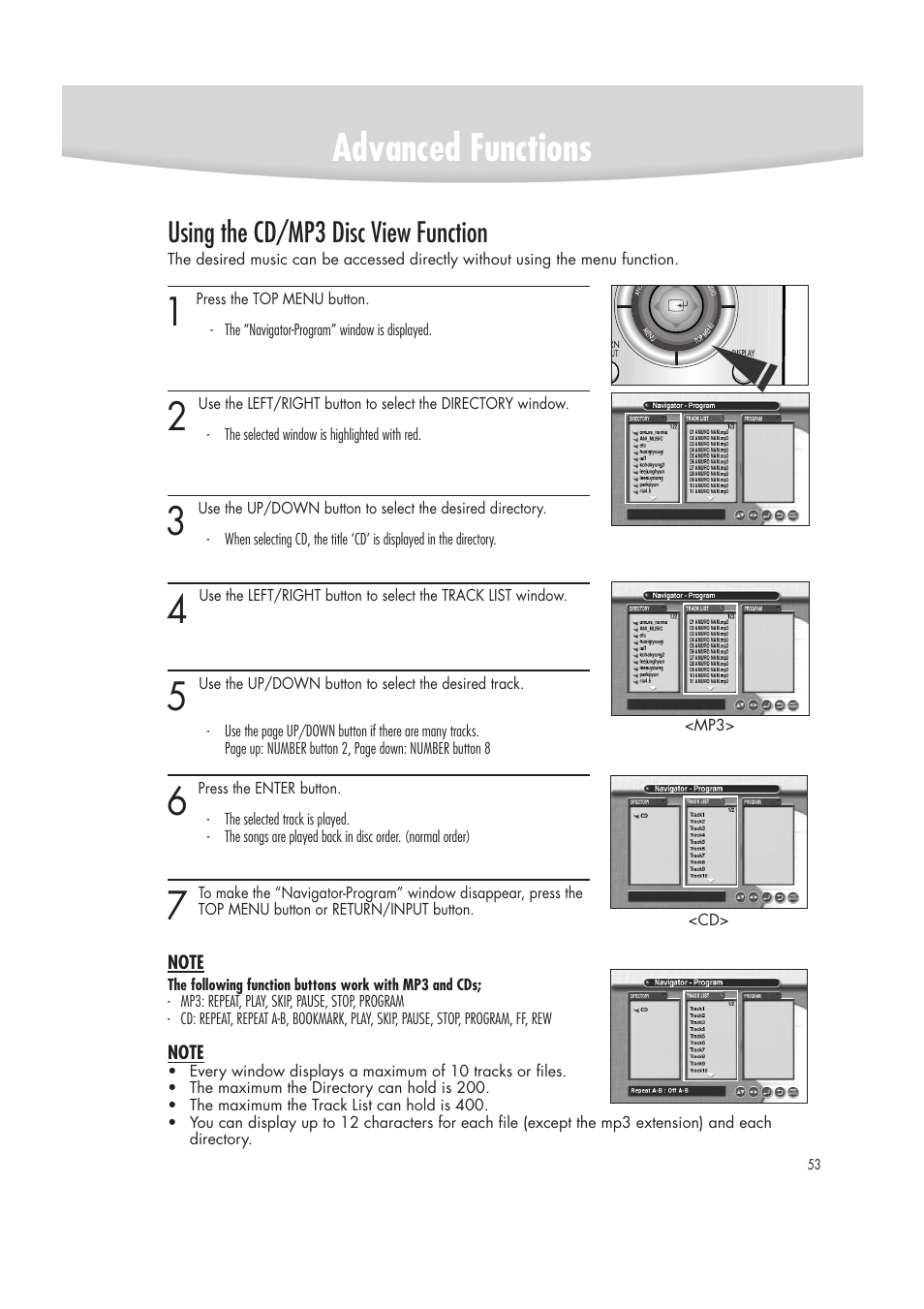 Advanced functions, Using the cd/mp3 disc view function | Samsung DVD-R2000 User Manual | Page 53 / 65