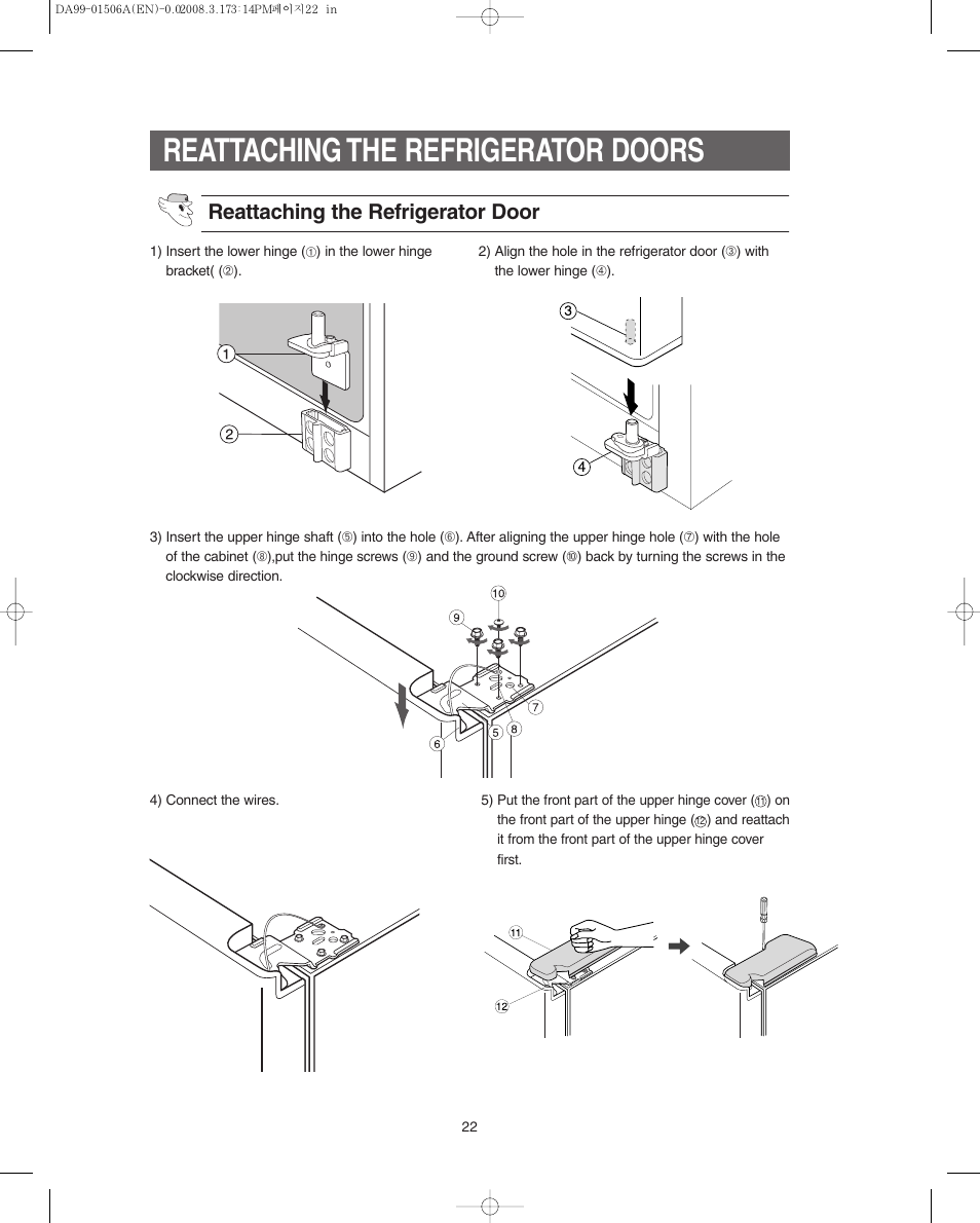 Reattaching the refrigerator doors, Reattaching the refrigerator door | Samsung RS275ACRS-XAA User Manual | Page 22 / 32