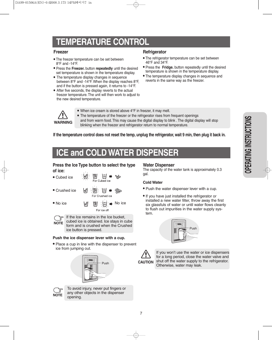 Temperature control, Ice and cold water dispenser, Opera ting instr uctions | Samsung RS275ACRS-XAA User Manual | Page 7 / 32