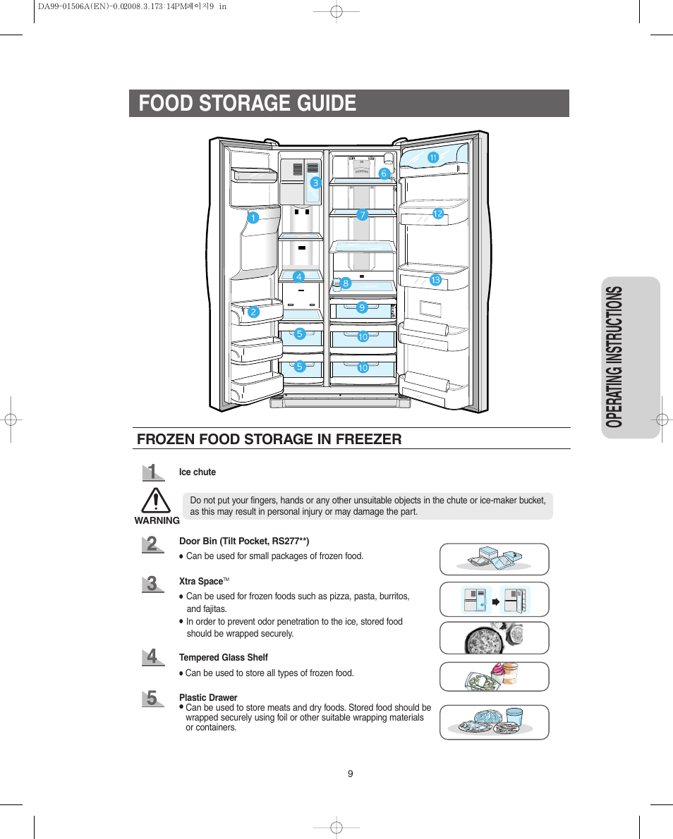 Food storage guide, Opera ting instr uctions, Frozen food storage in freezer | Samsung RS275ACRS-XAA User Manual | Page 9 / 32