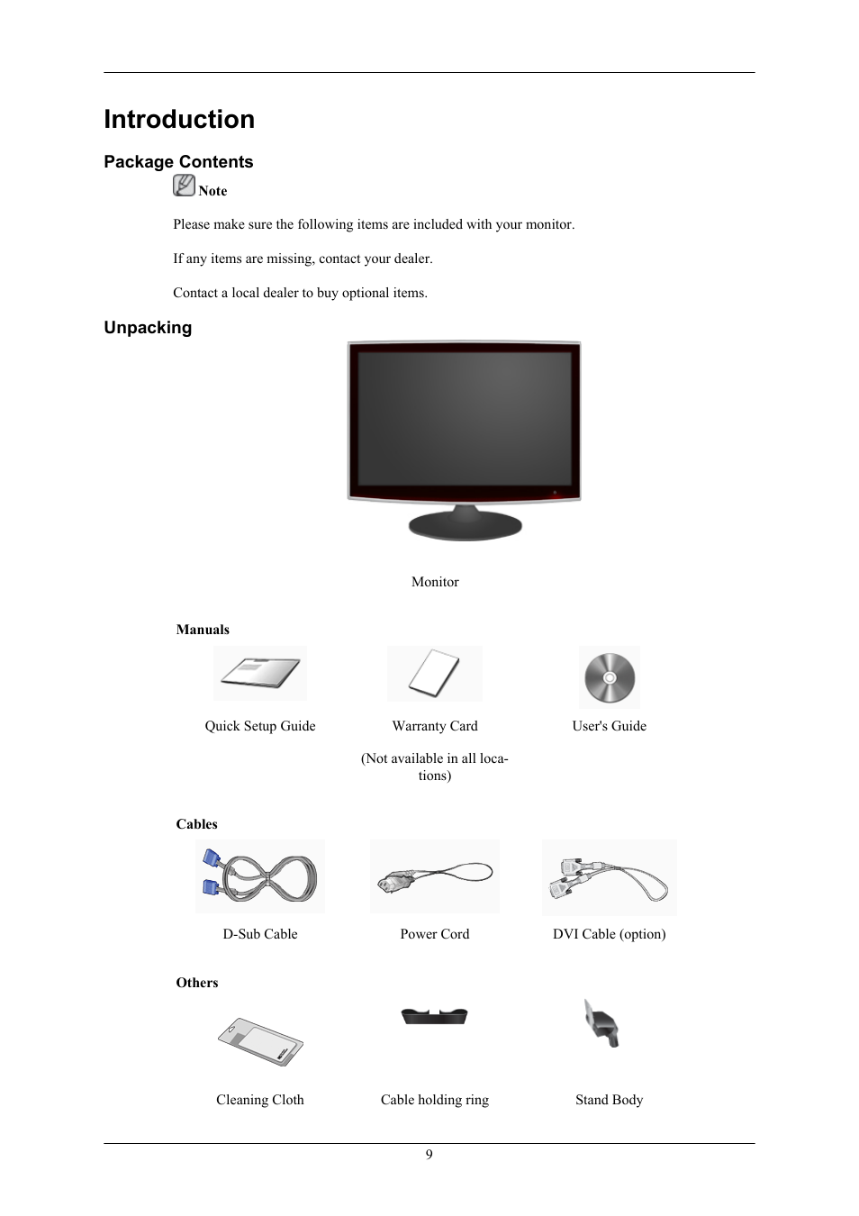 Introduction, Package contents, Unpacking | Samsung LS22TWHSUV-ZA User Manual | Page 10 / 96