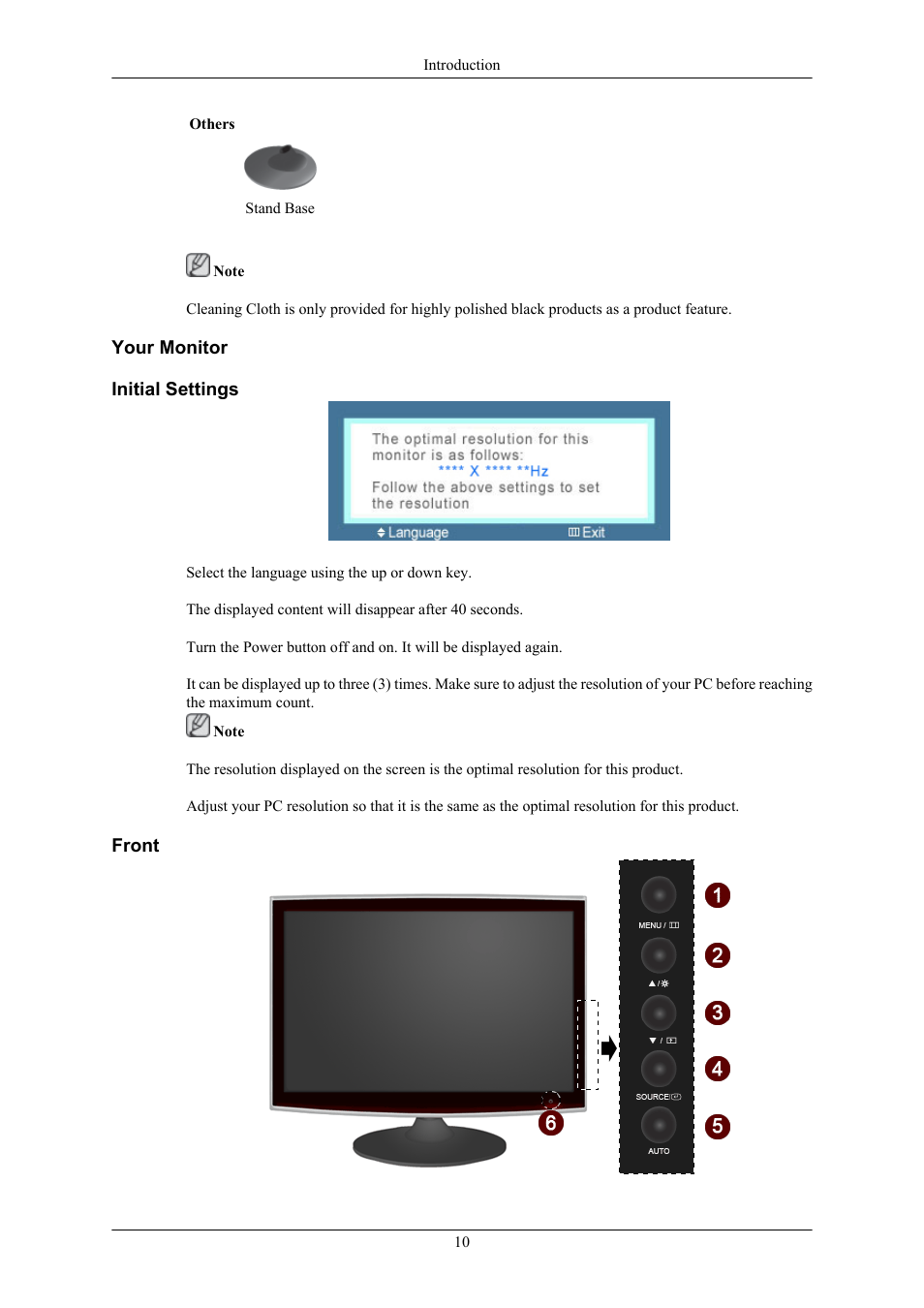 Your monitor, Initial settings, Front | Samsung LS22TWHSUV-ZA User Manual | Page 11 / 96