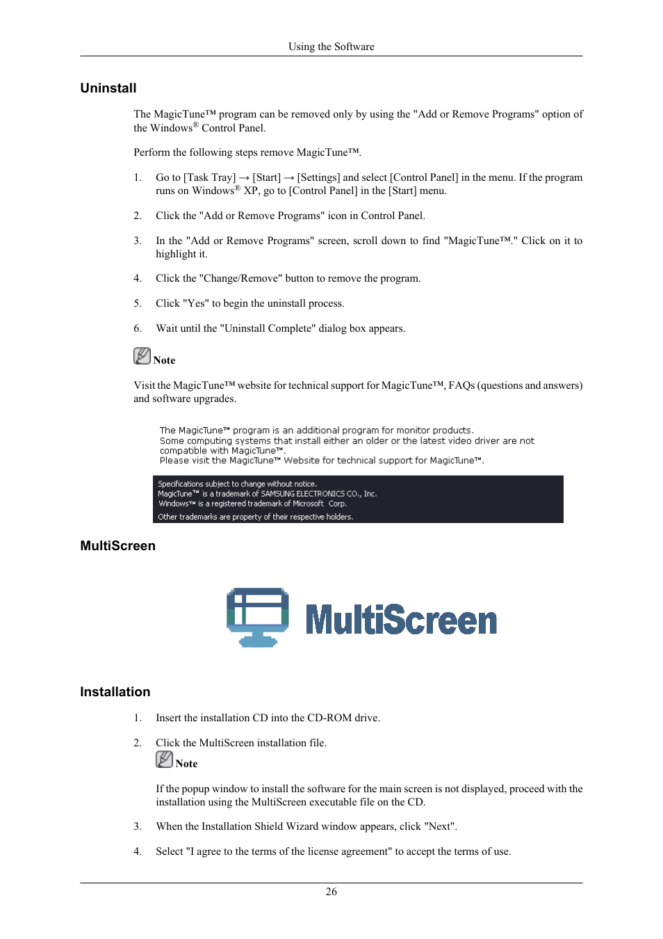 Uninstall, Multiscreen, Installation | Samsung LS22TWHSUV-ZA User Manual | Page 27 / 96