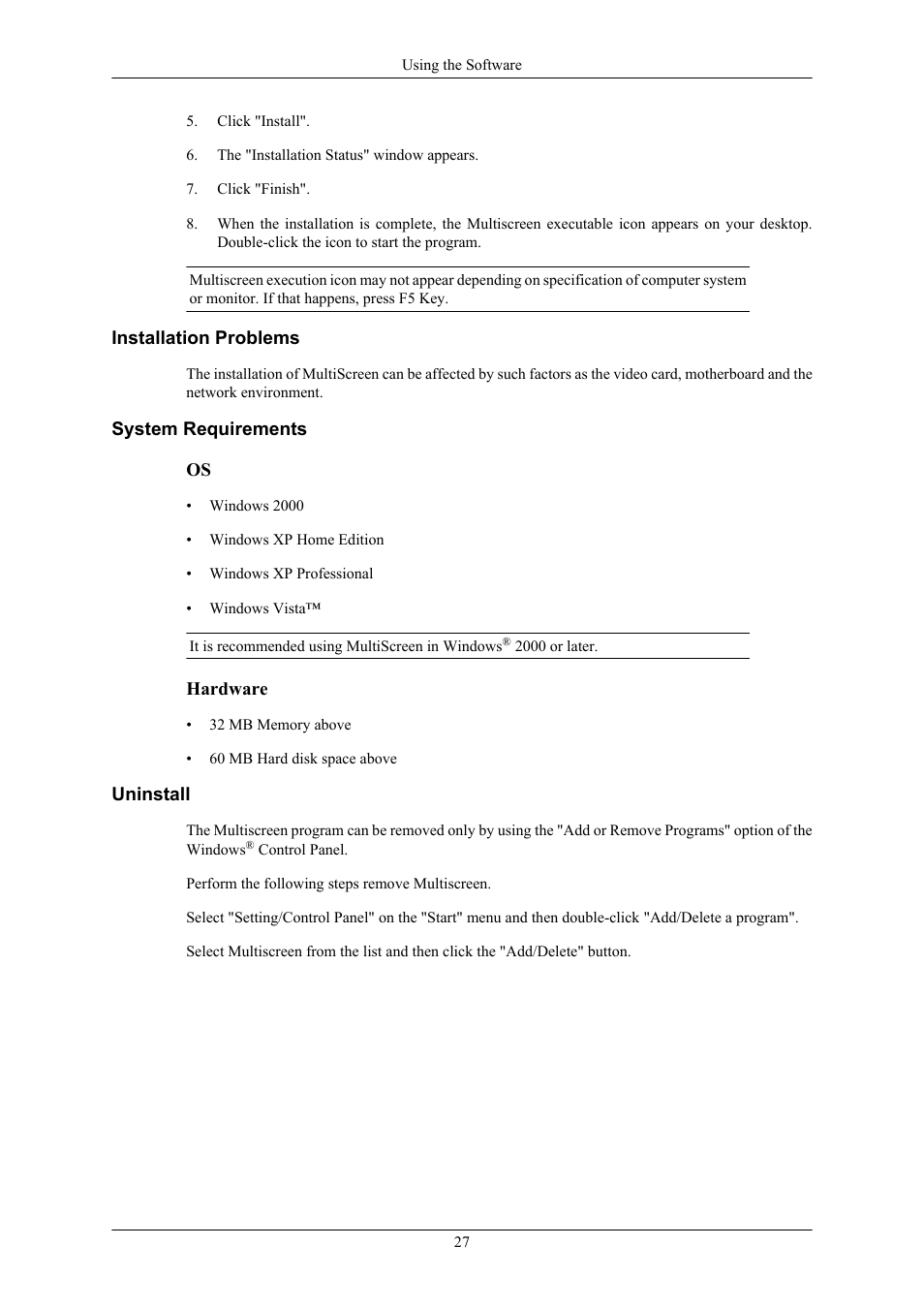 Installation problems, System requirements, Uninstall | Samsung LS22TWHSUV-ZA User Manual | Page 28 / 96