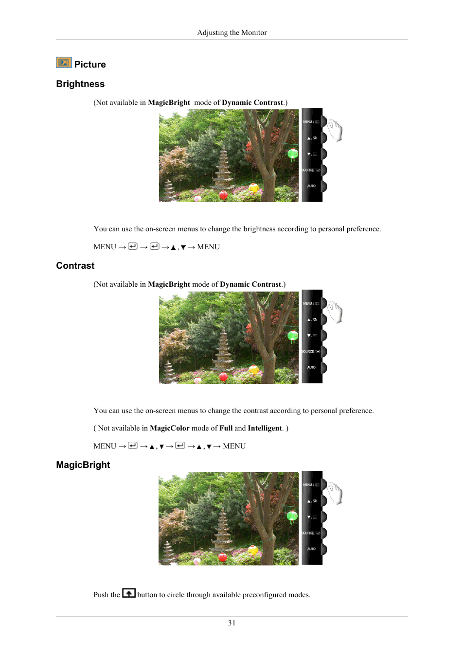 Picture, Brightness, Contrast | Magicbright | Samsung LS22TWHSUV-ZA User Manual | Page 32 / 96