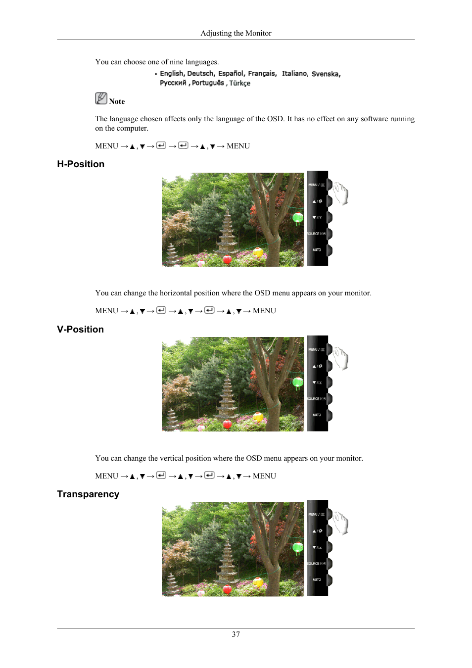H-position, V-position, Transparency | Samsung LS22TWHSUV-ZA User Manual | Page 38 / 96