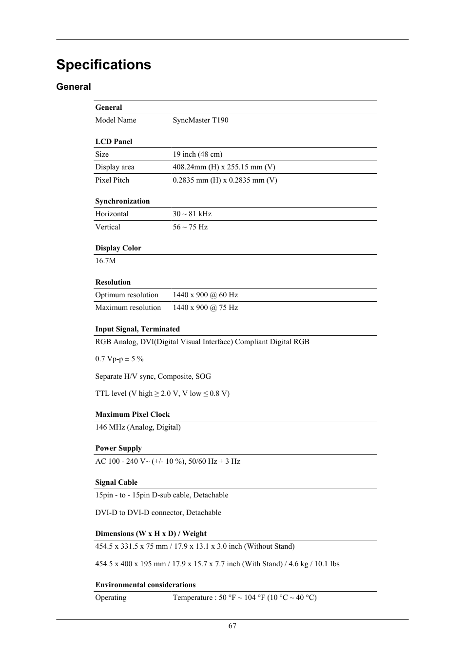 Specifications, General | Samsung LS22TWHSUV-ZA User Manual | Page 68 / 96
