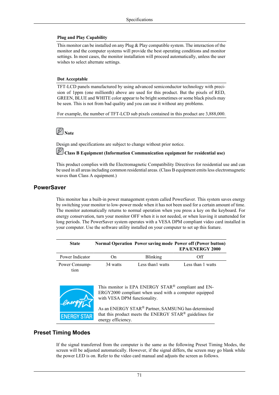 Powersaver, Preset timing modes | Samsung LS22TWHSUV-ZA User Manual | Page 72 / 96
