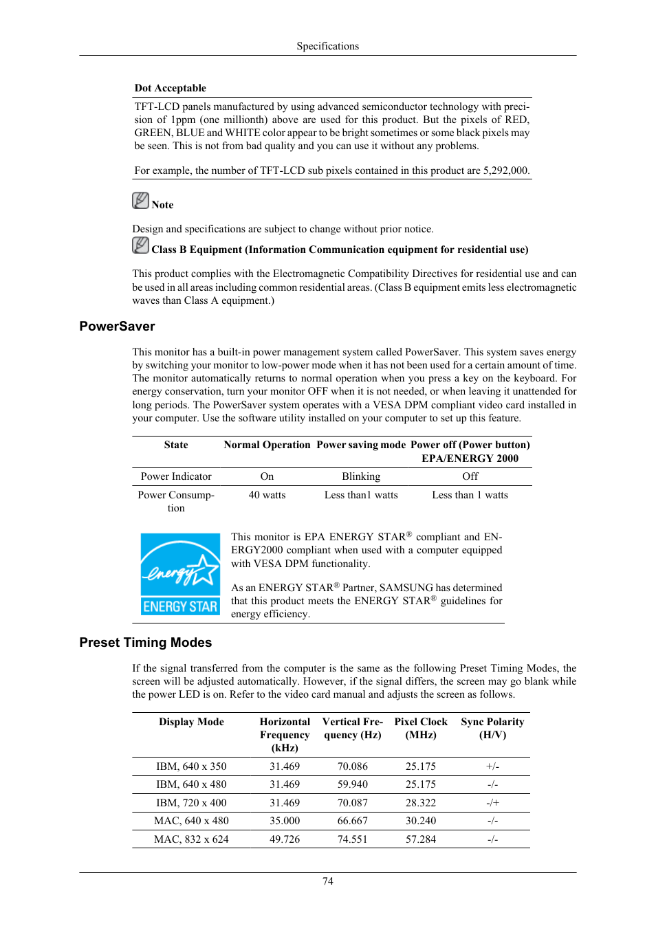 Powersaver, Preset timing modes | Samsung LS22TWHSUV-ZA User Manual | Page 75 / 96