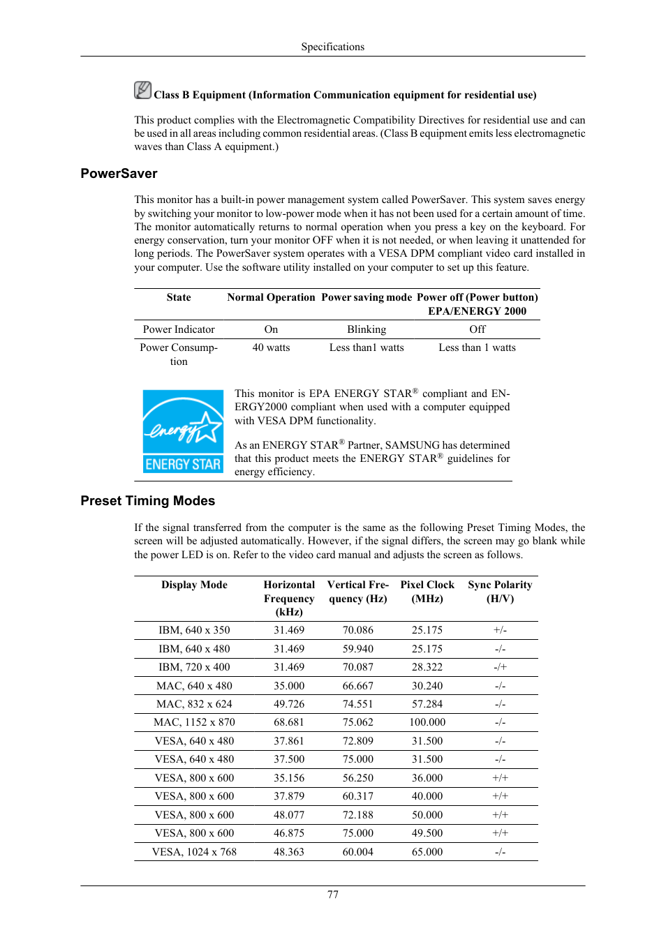 Powersaver, Preset timing modes | Samsung LS22TWHSUV-ZA User Manual | Page 78 / 96
