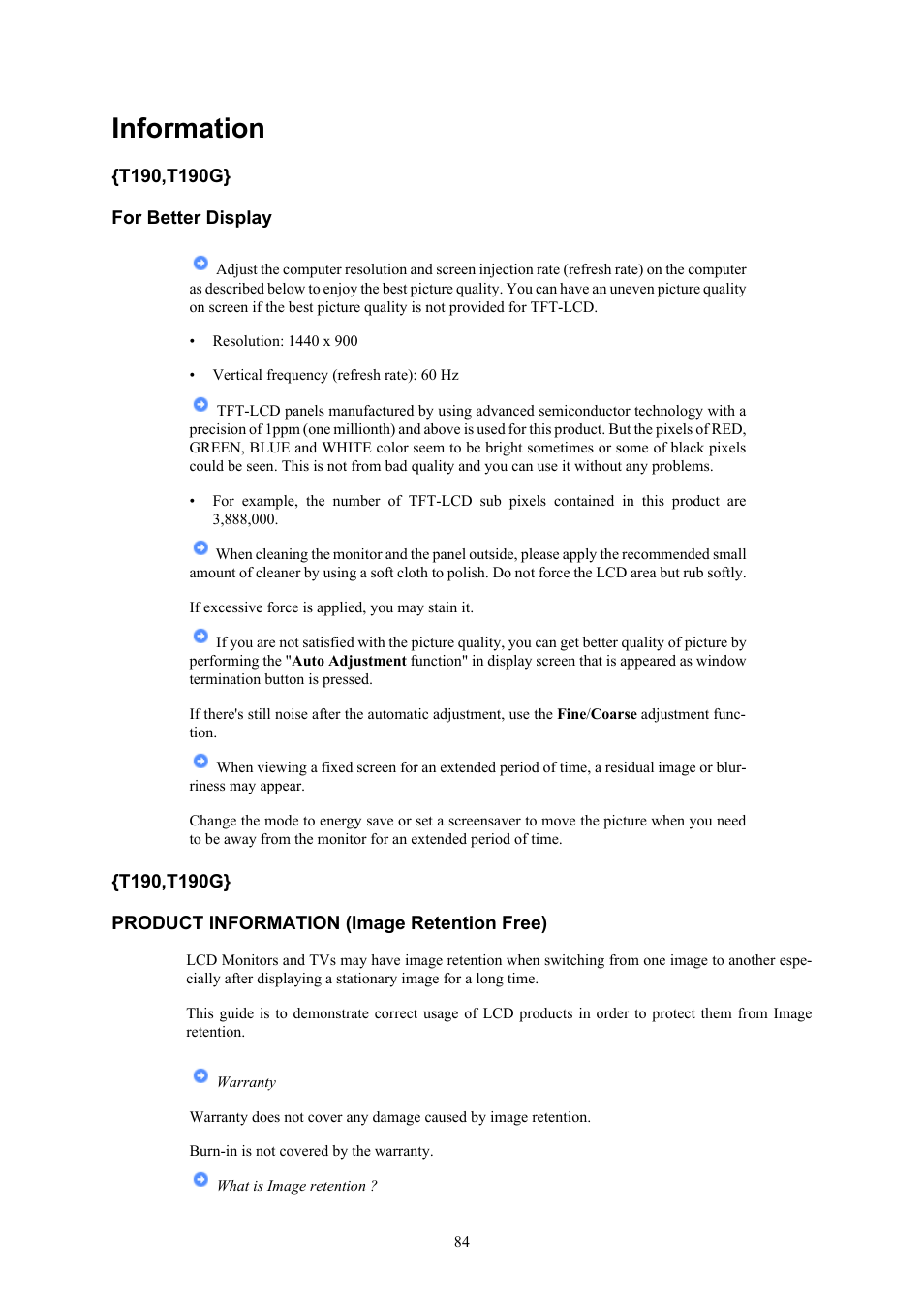 Information, T190,t190g} for better display | Samsung LS22TWHSUV-ZA User Manual | Page 85 / 96