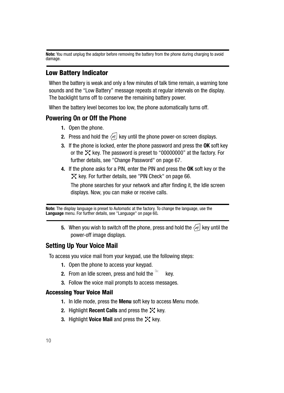 Low battery indicator, Powering on or off the phone, Setting up your voice mail | Samsung SGH-C417ZDACIN User Manual | Page 10 / 109