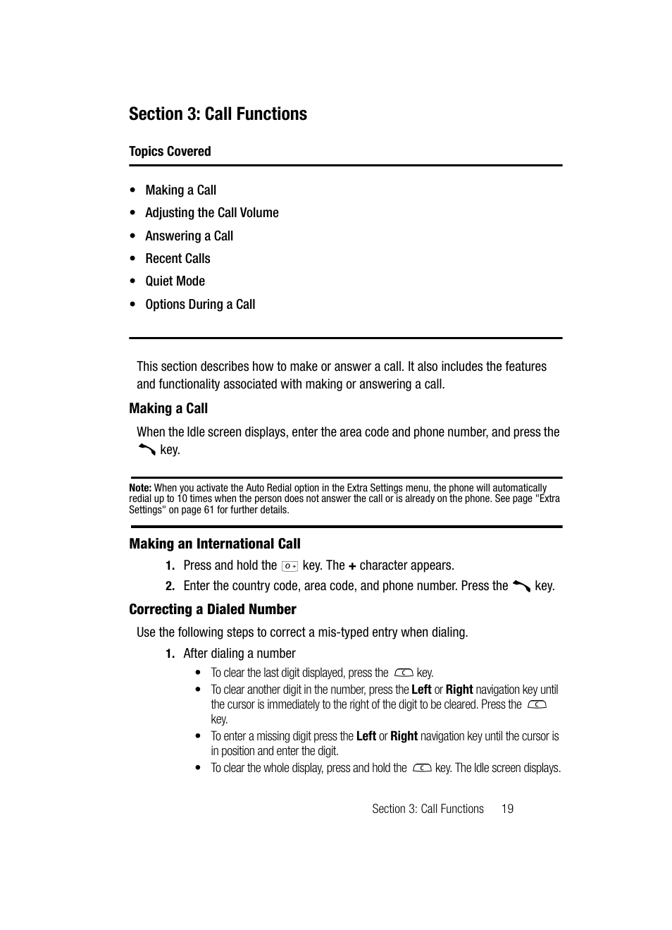 Section 3: call functions, Making a call | Samsung SGH-C417ZDACIN User Manual | Page 19 / 109