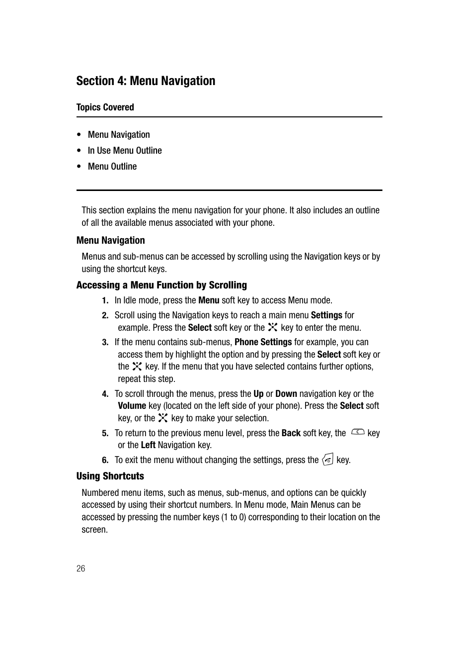 Section 4: menu navigation, Menu navigation | Samsung SGH-C417ZDACIN User Manual | Page 26 / 109