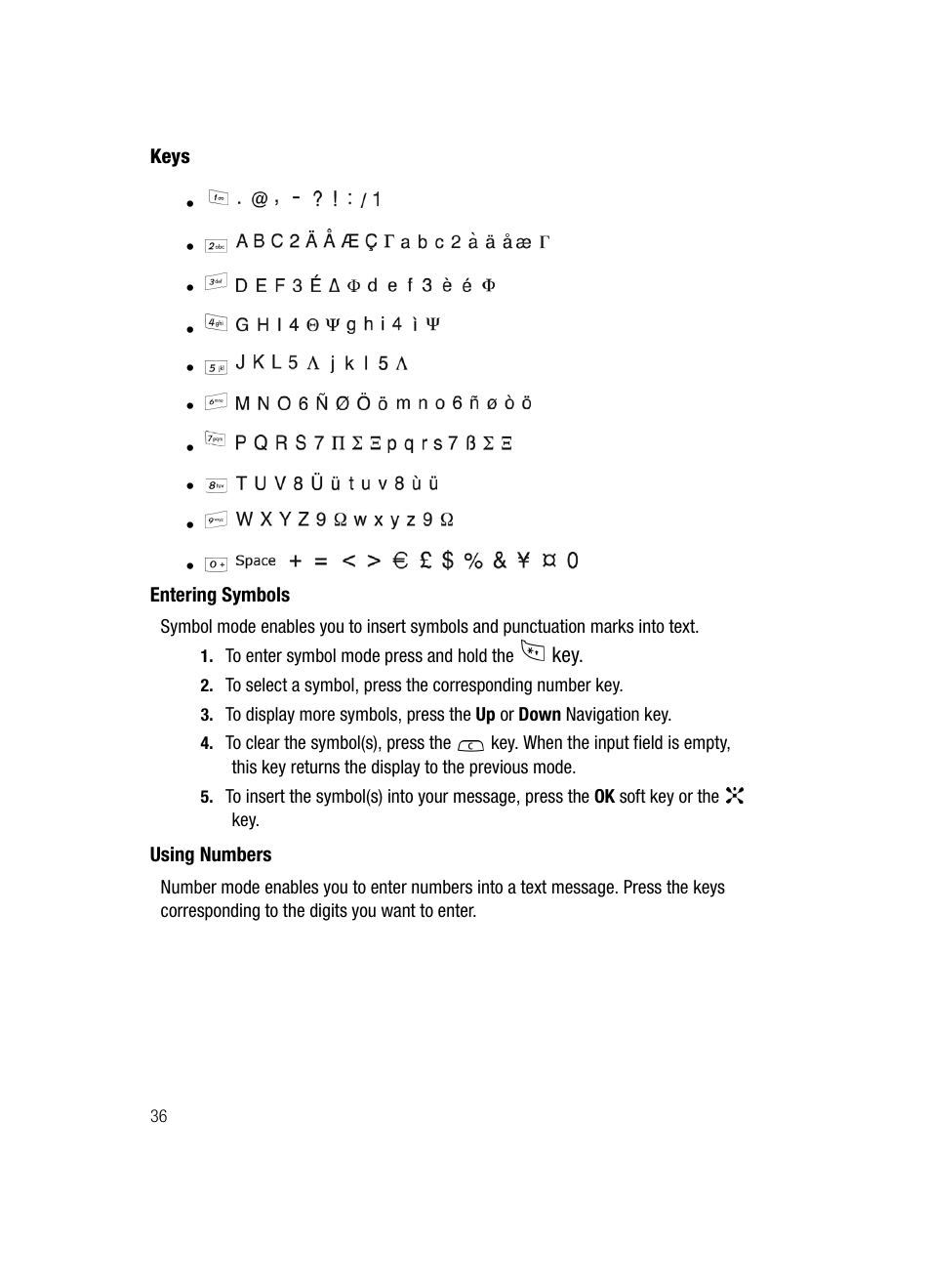 Entering symbols using numbers | Samsung SGH-C417ZDACIN User Manual | Page 36 / 109