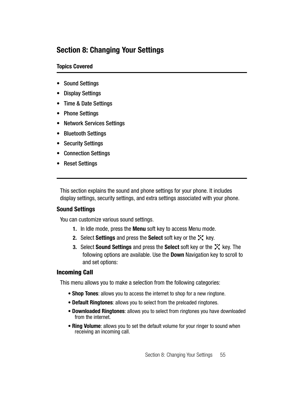 Section 8: changing your settings, Sound settings | Samsung SGH-C417ZDACIN User Manual | Page 54 / 109