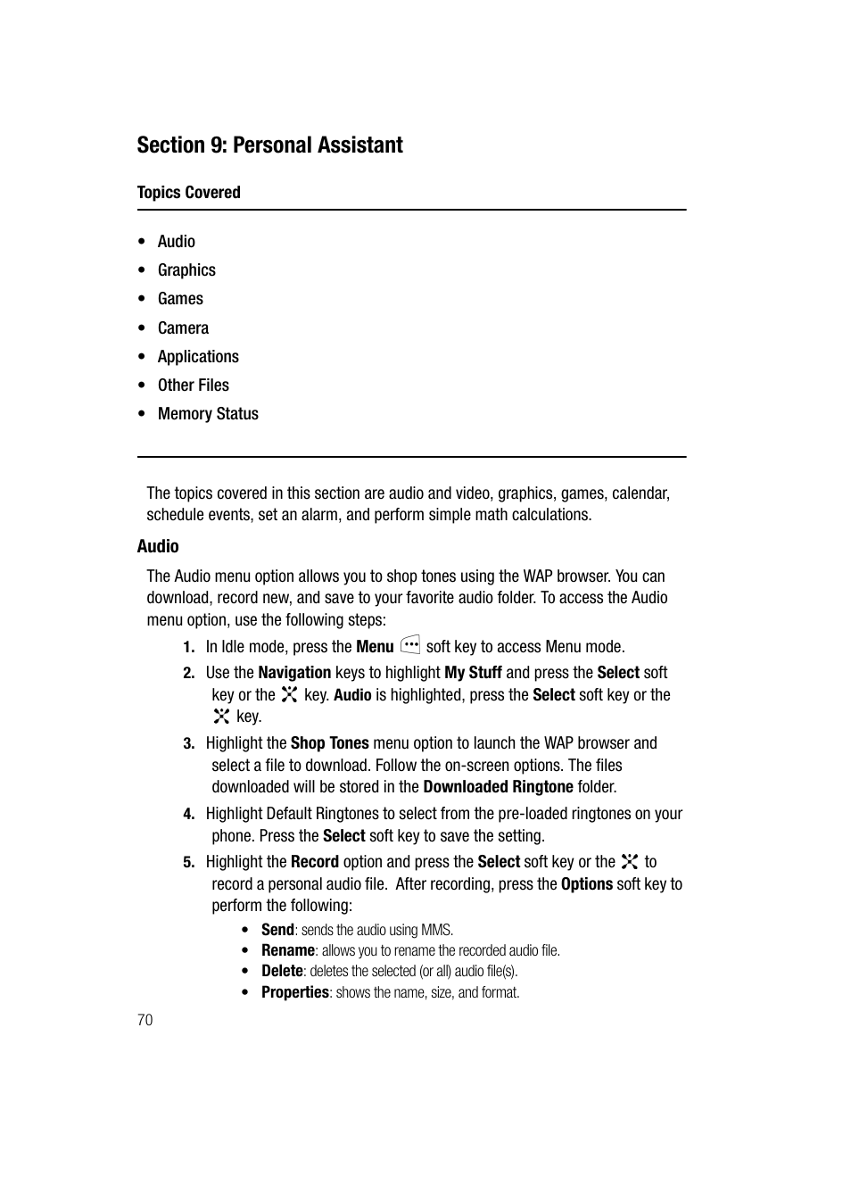 Section 9: personal assistant, Audio | Samsung SGH-C417ZDACIN User Manual | Page 68 / 109