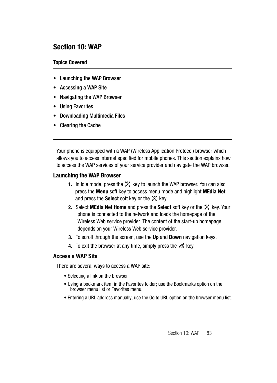 Section 10: wap, Launching the wap browser access a wap site | Samsung SGH-C417ZDACIN User Manual | Page 81 / 109