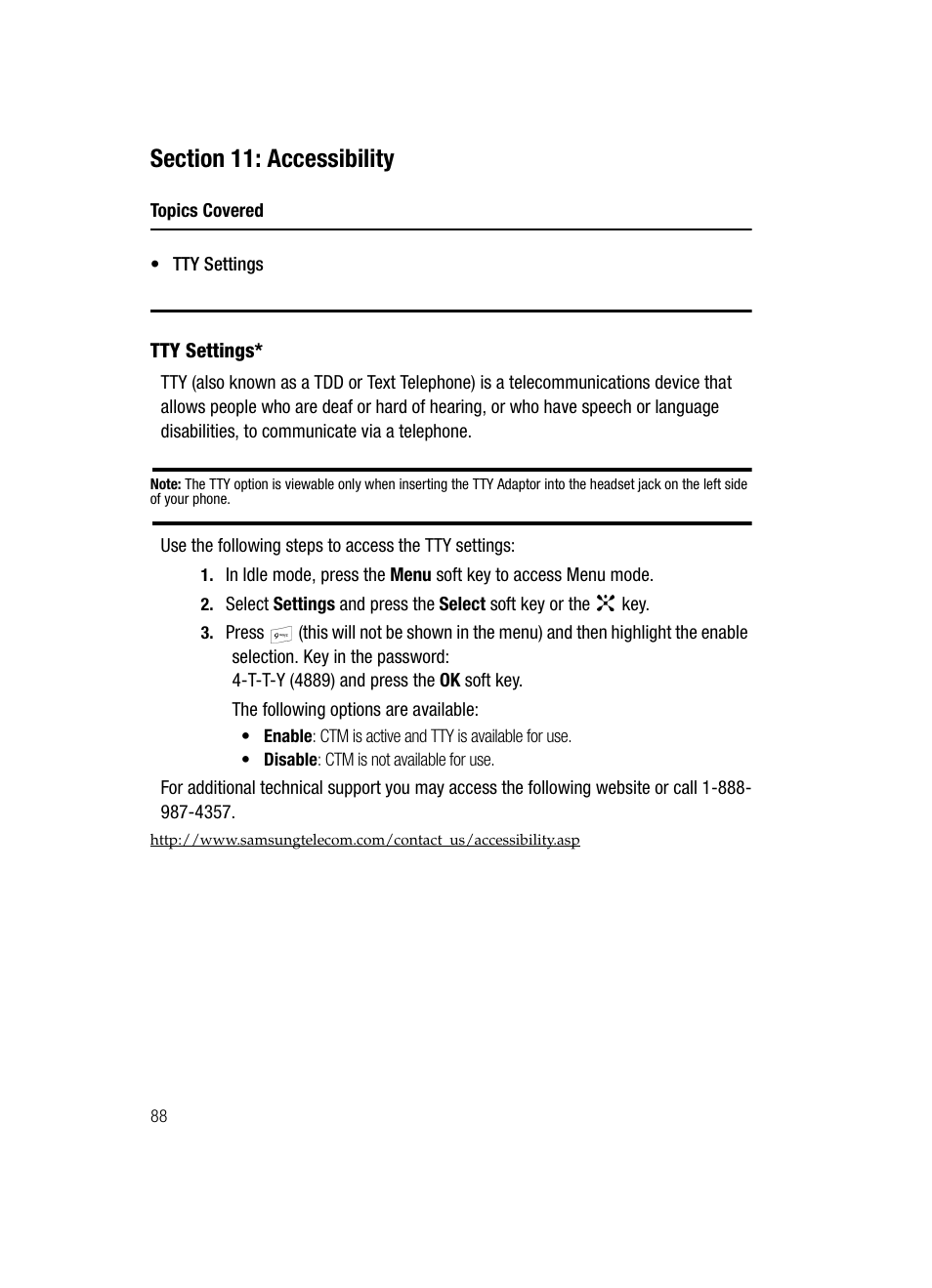Section 11: accessibility | Samsung SGH-C417ZDACIN User Manual | Page 86 / 109
