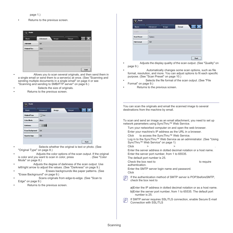 Advanced tab, Image tab, Output tab | Setting up an email account | Samsung SCX-5835FN-XAR User Manual | Page 65 / 147