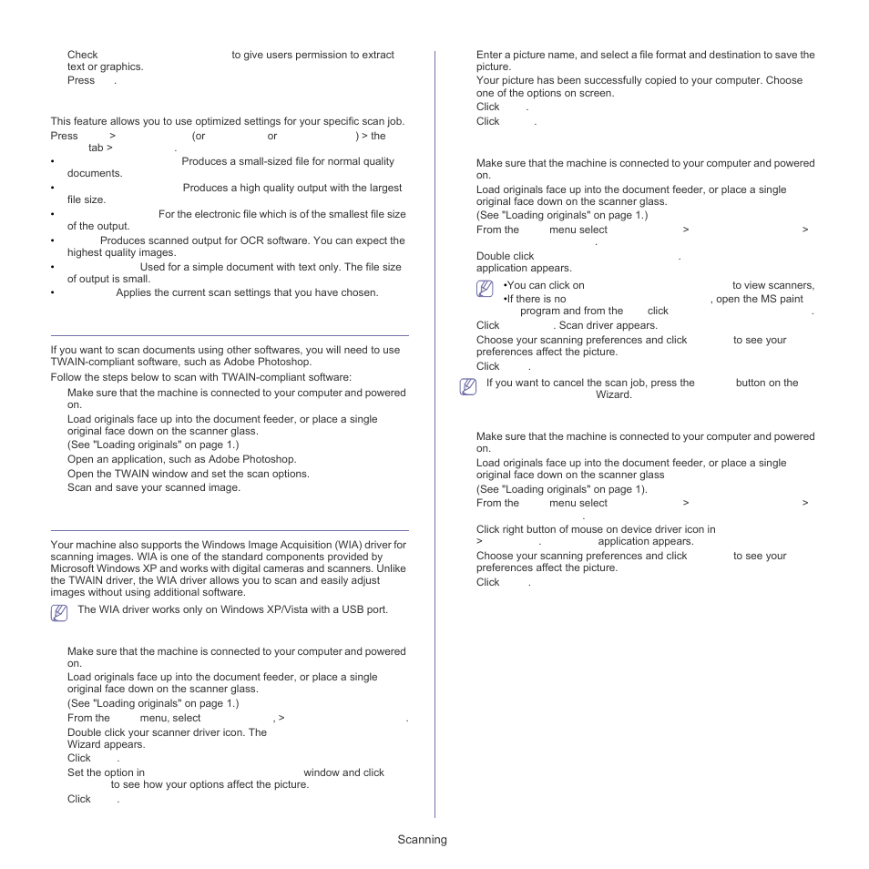 Scanning with twain-enabled software, Scanning using the wia driver, Scan preset | Windows xp, Windows vista, Windows 7 | Samsung SCX-5835FN-XAR User Manual | Page 72 / 147