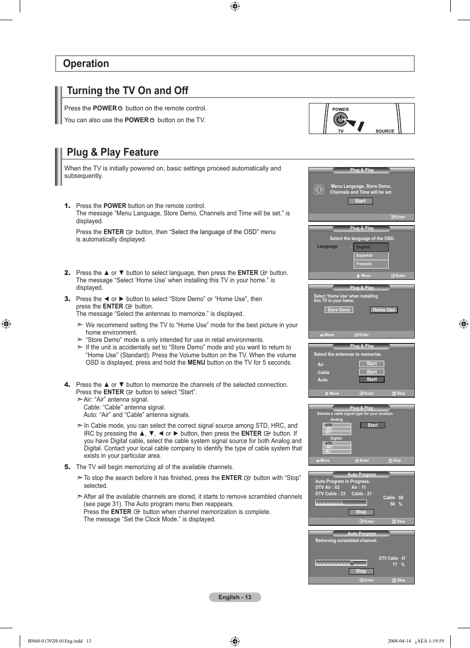 Operation, Turning the tv on and off, Plug & play feature | Samsung LN32A540P2DXZA User Manual | Page 15 / 137