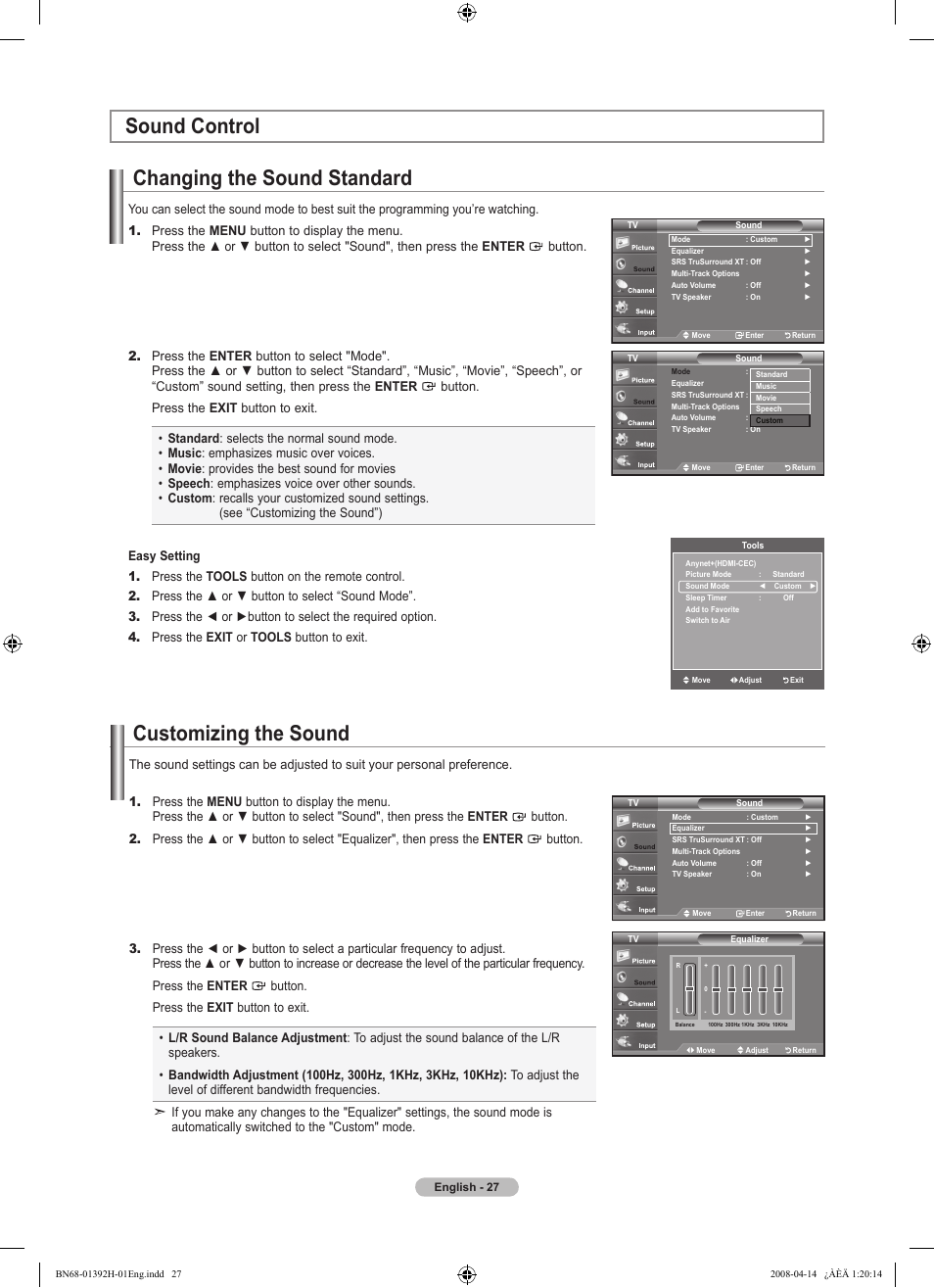 Sound control, Changing the sound standard, Customizing the sound | Samsung LN32A540P2DXZA User Manual | Page 29 / 137