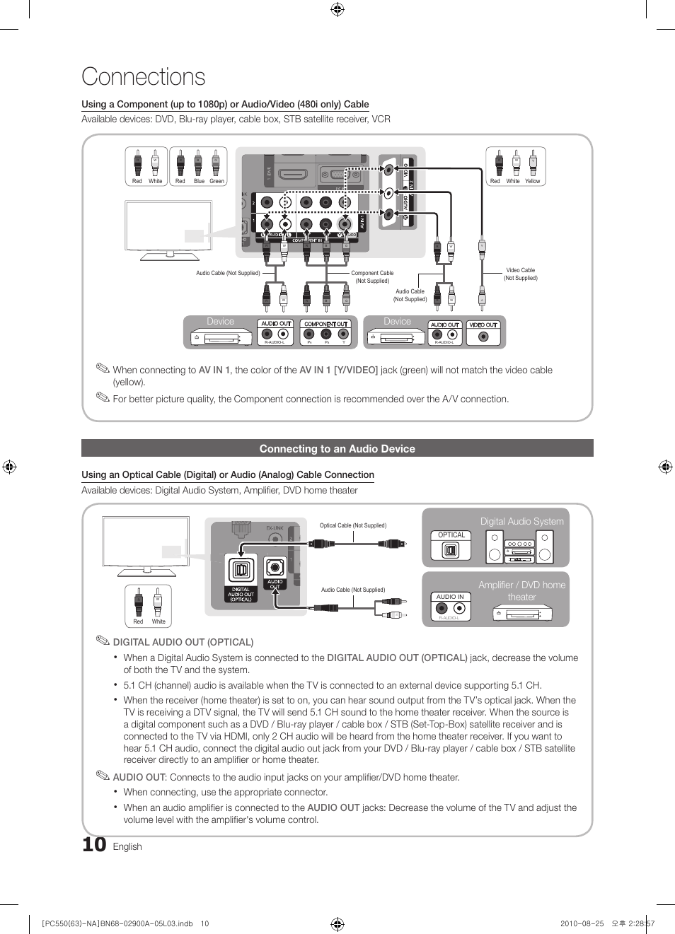 Connecting to an audio device, Connections | Samsung PN63C590G4FXZA User Manual | Page 10 / 163