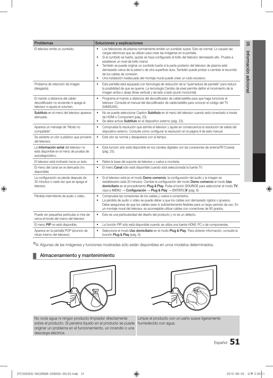 Almacenamiento y mantenimiento | Samsung PN63C590G4FXZA User Manual | Page 105 / 163