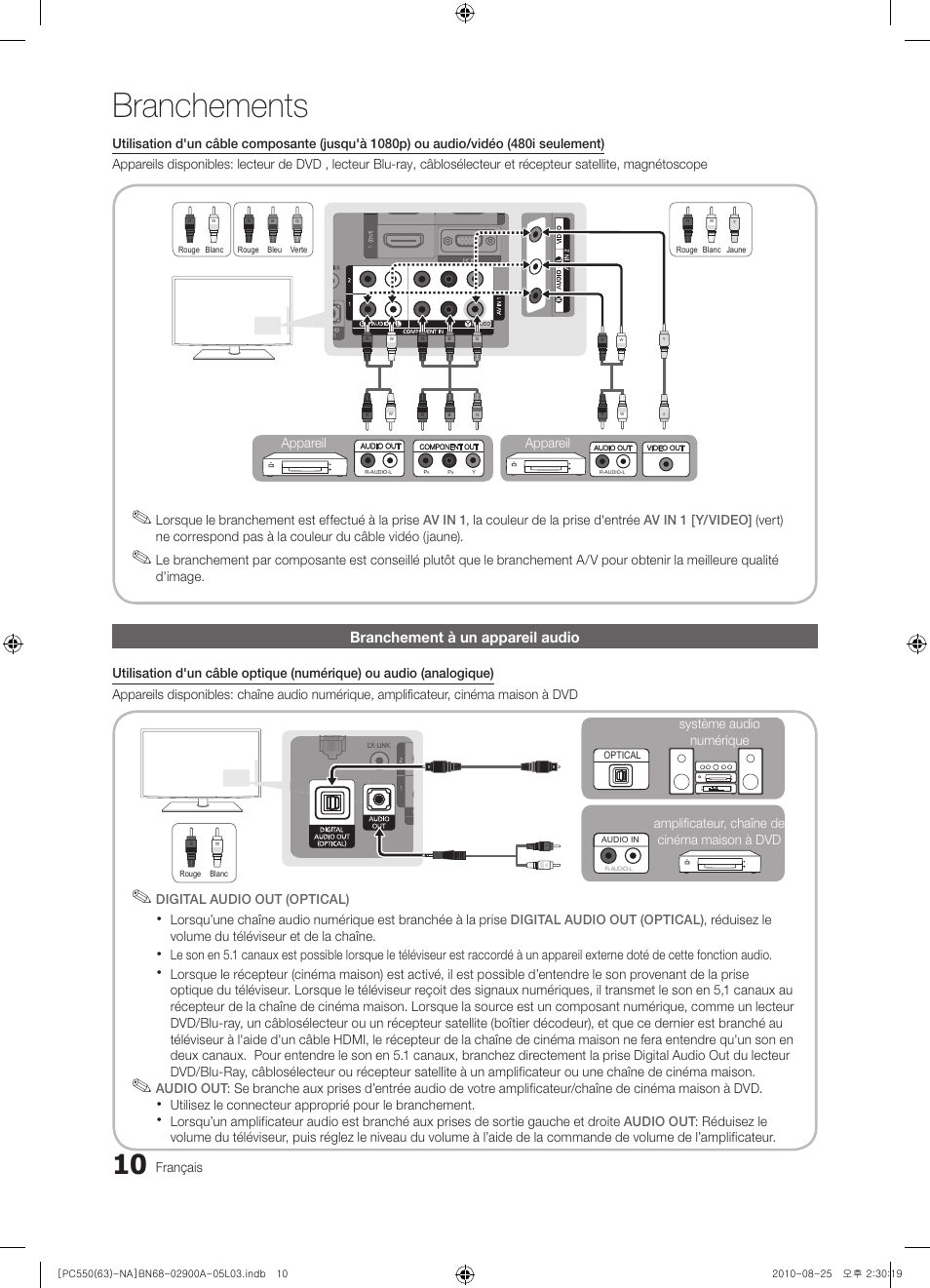 Branchements, Branchement à un appareil audio | Samsung PN63C590G4FXZA User Manual | Page 118 / 163