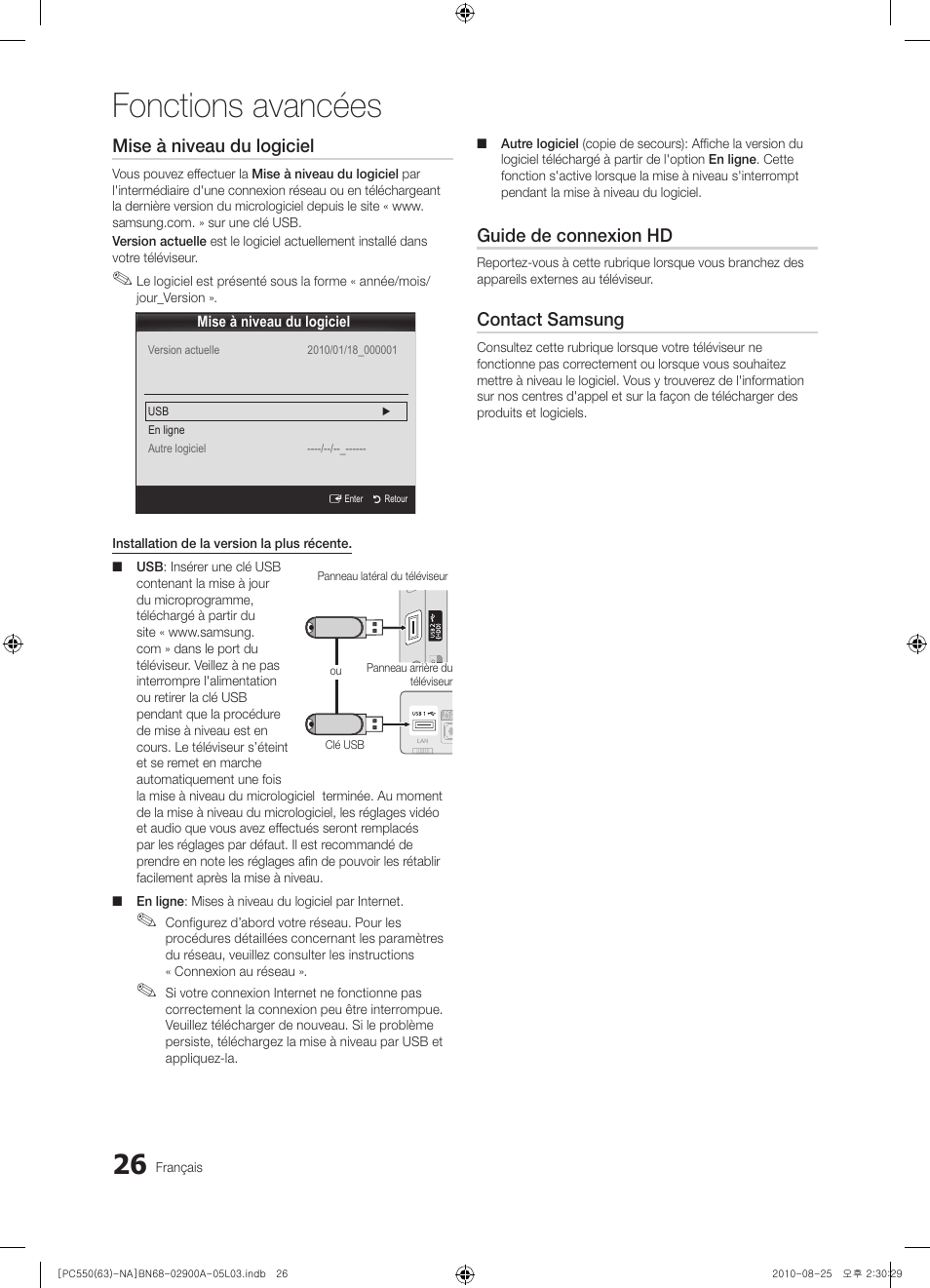 Fonctions avancées, Mise à niveau du logiciel, Guide de connexion hd | Contact samsung | Samsung PN63C590G4FXZA User Manual | Page 134 / 163