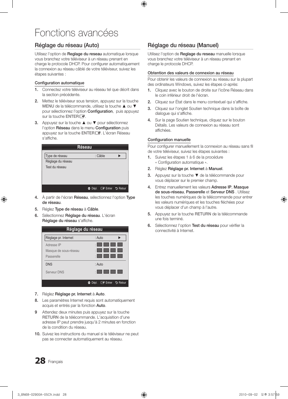 Fonctions avancées, Réglage du réseau (auto), Réglage du réseau (manuel) | Samsung PN63C590G4FXZA User Manual | Page 136 / 163