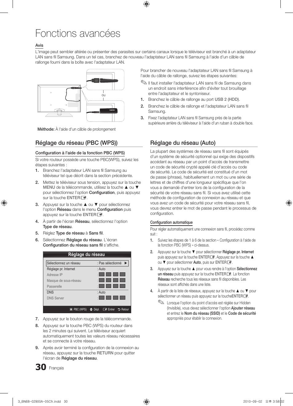 Fonctions avancées, Réglage du réseau (pbc (wps)), Réglage du réseau (auto) | Samsung PN63C590G4FXZA User Manual | Page 138 / 163