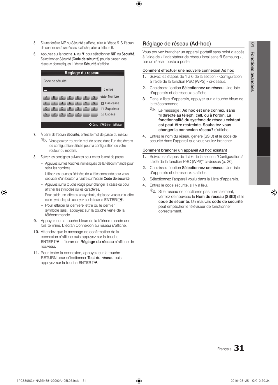 Réglage de réseau (ad-hoc) | Samsung PN63C590G4FXZA User Manual | Page 139 / 163