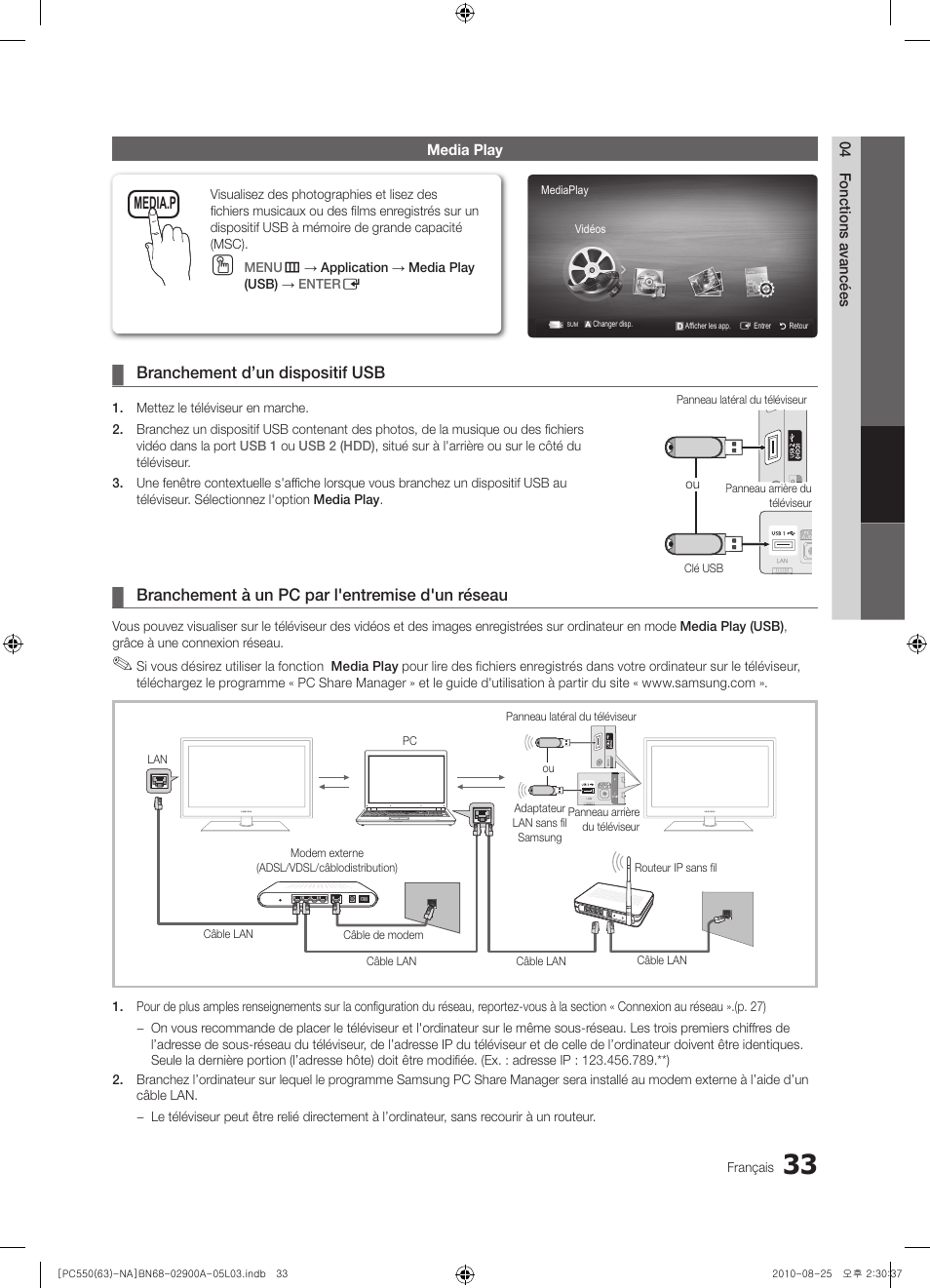 Branchement d’un dispositif usb, Branchement à un pc par l'entremise d'un réseau, Media.p | Samsung PN63C590G4FXZA User Manual | Page 141 / 163