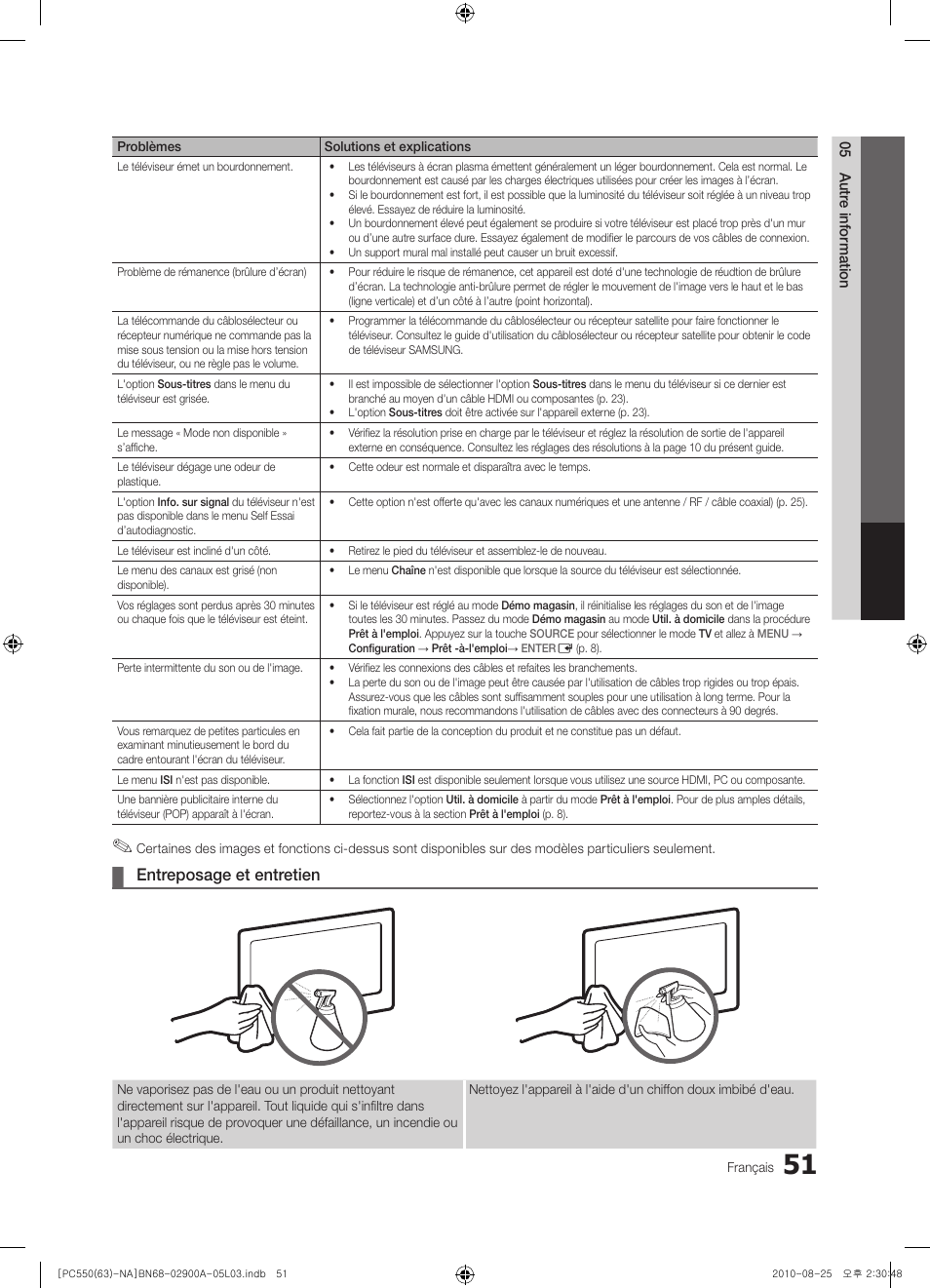 Entreposage et entretien | Samsung PN63C590G4FXZA User Manual | Page 159 / 163