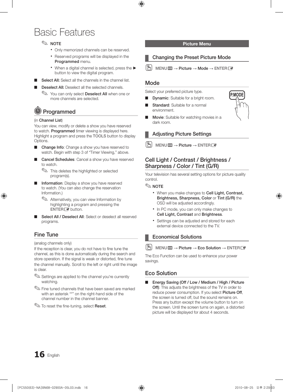 Picture menu, Basic features | Samsung PN63C590G4FXZA User Manual | Page 16 / 163