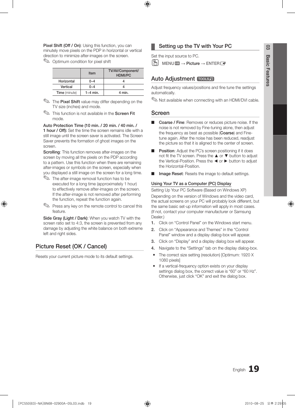 Picture reset (ok / cancel), Auto adjustment, Screen | Samsung PN63C590G4FXZA User Manual | Page 19 / 163