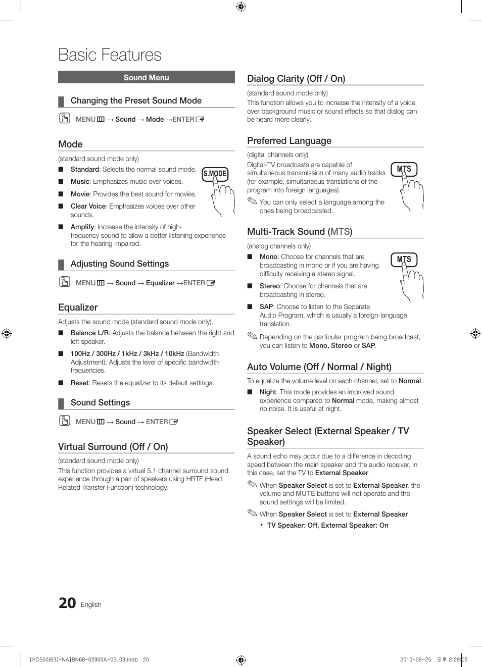 Sound menu, Basic features | Samsung PN63C590G4FXZA User Manual | Page 20 / 163