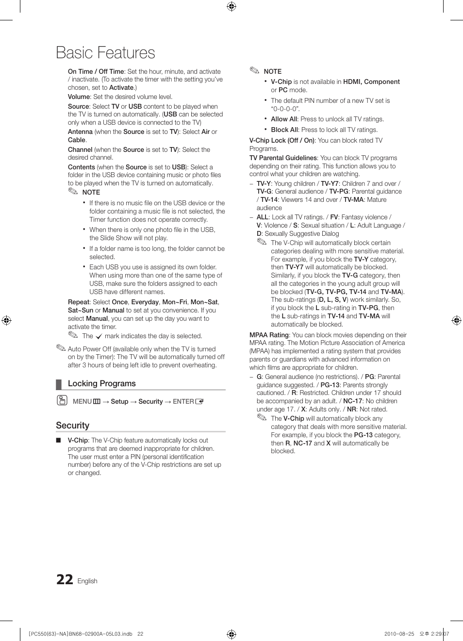 Basic features | Samsung PN63C590G4FXZA User Manual | Page 22 / 163