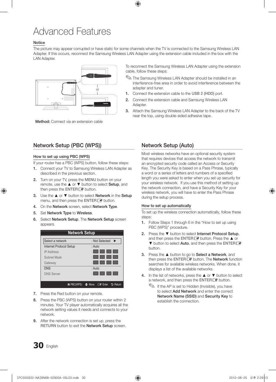 Advanced features, Network setup (pbc (wps)), Network setup (auto) | Samsung PN63C590G4FXZA User Manual | Page 30 / 163