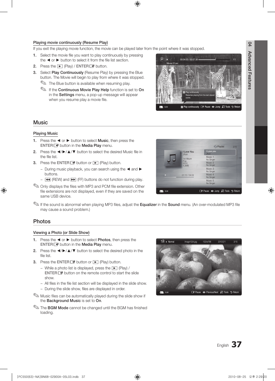 Music, Photos | Samsung PN63C590G4FXZA User Manual | Page 37 / 163