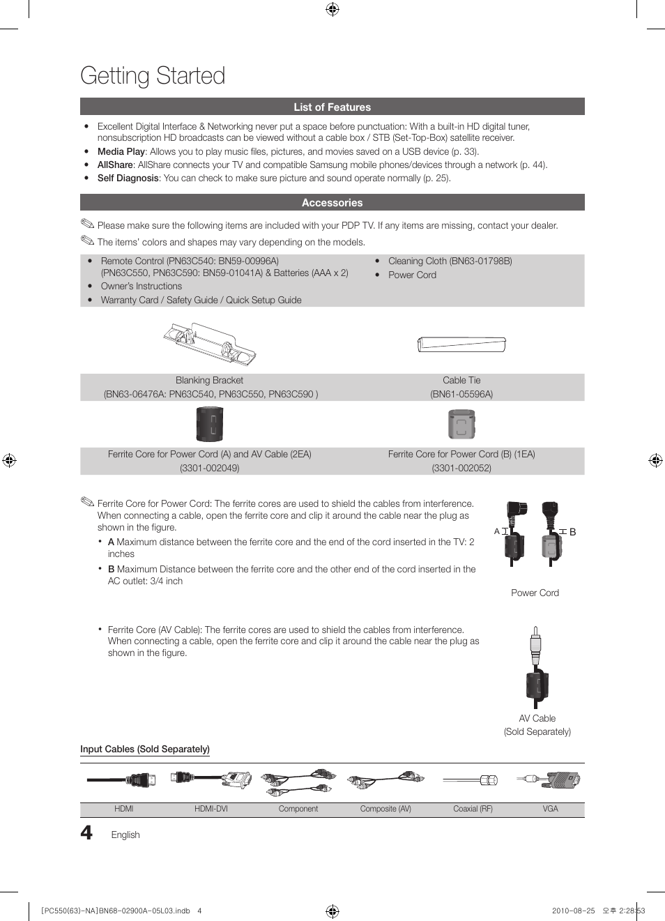 Getting started, List of features, Accessories | Samsung PN63C590G4FXZA User Manual | Page 4 / 163