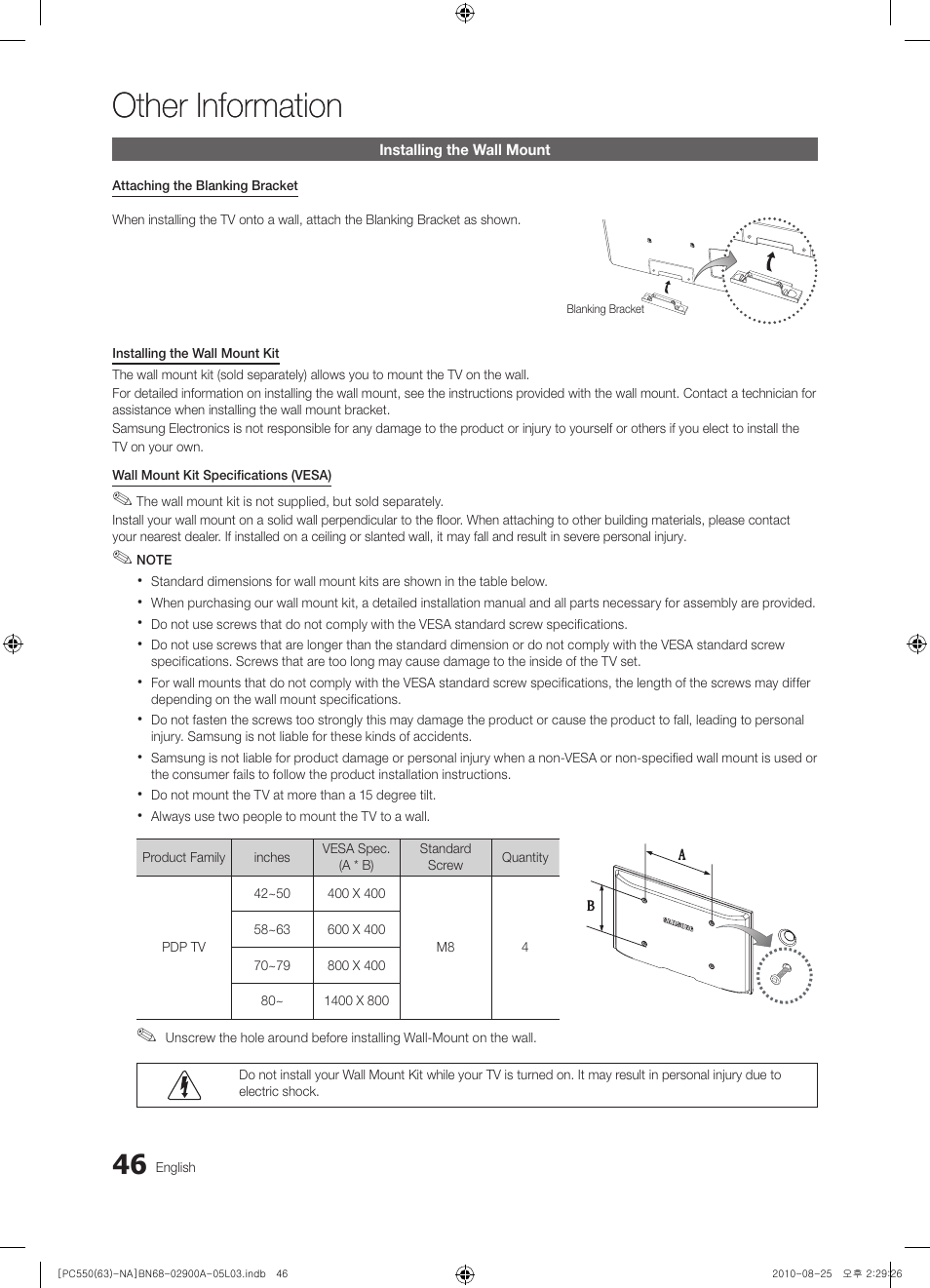 Other information, Installing the wall mount | Samsung PN63C590G4FXZA User Manual | Page 46 / 163