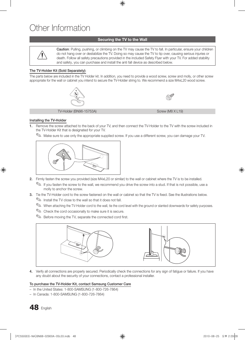 Securing the tv to the wall, Other information | Samsung PN63C590G4FXZA User Manual | Page 48 / 163